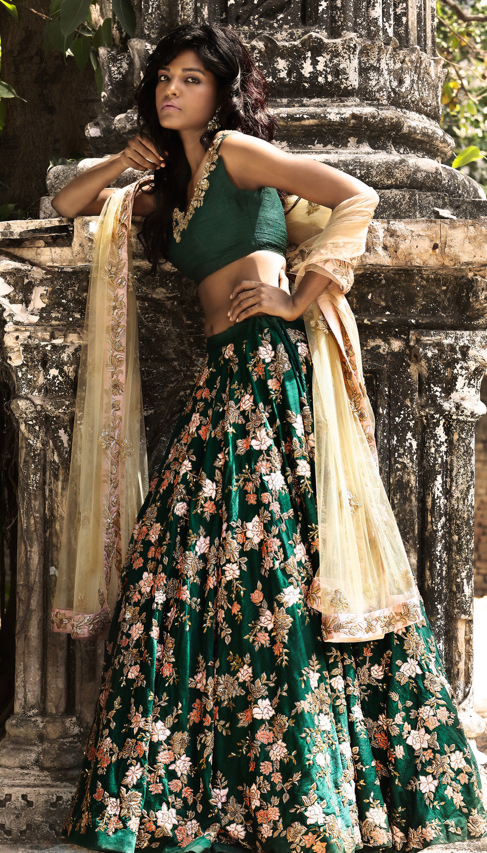 Woman in The Forest Green Floral Lehenga by Shyamal & Bhumika.