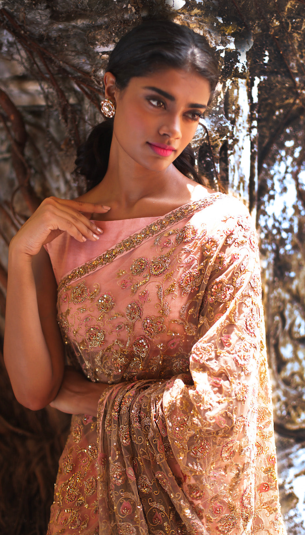 Woman in The Blush Pink Embroidered Saree by Shyamal & Bhumika.