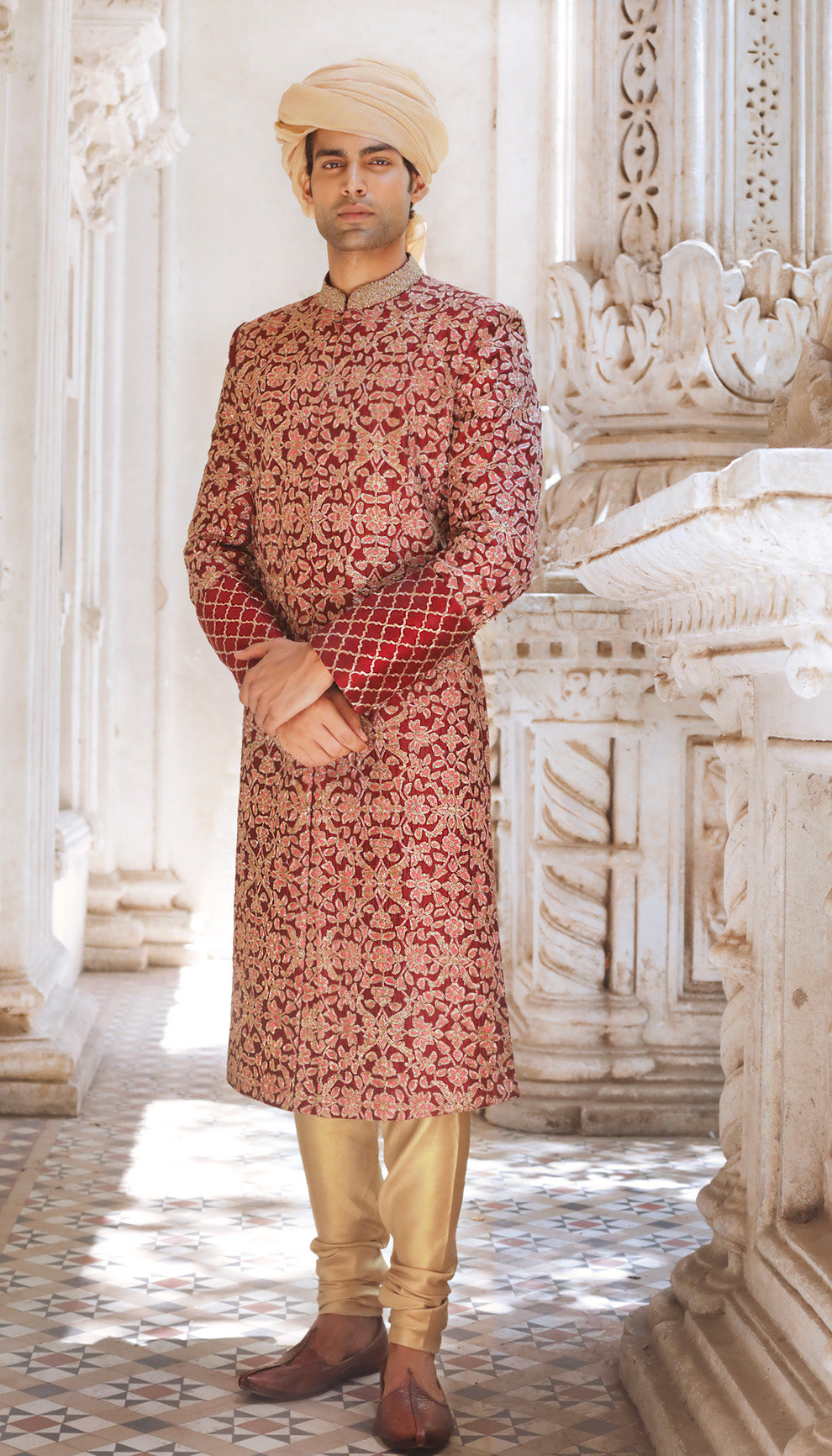 Man in The Rich Red Embroidered Sherwani by Shyamal & Bhumika.