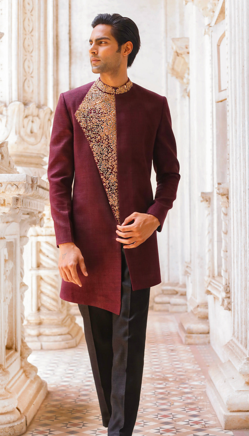 Man wearing The Deep Wine Embroidered Jacket by Shyamal & Bhumika.