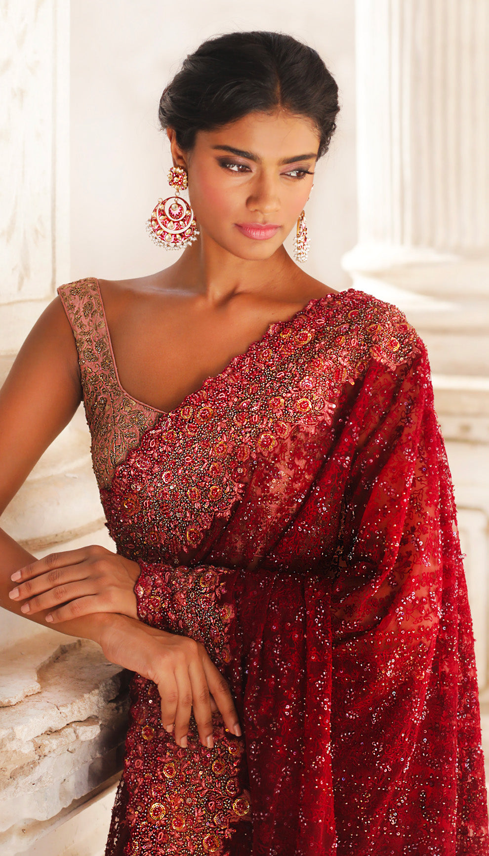 Woman wearing The Maroon Embroidered Tulle Saree by Shyamal & Bhumika.