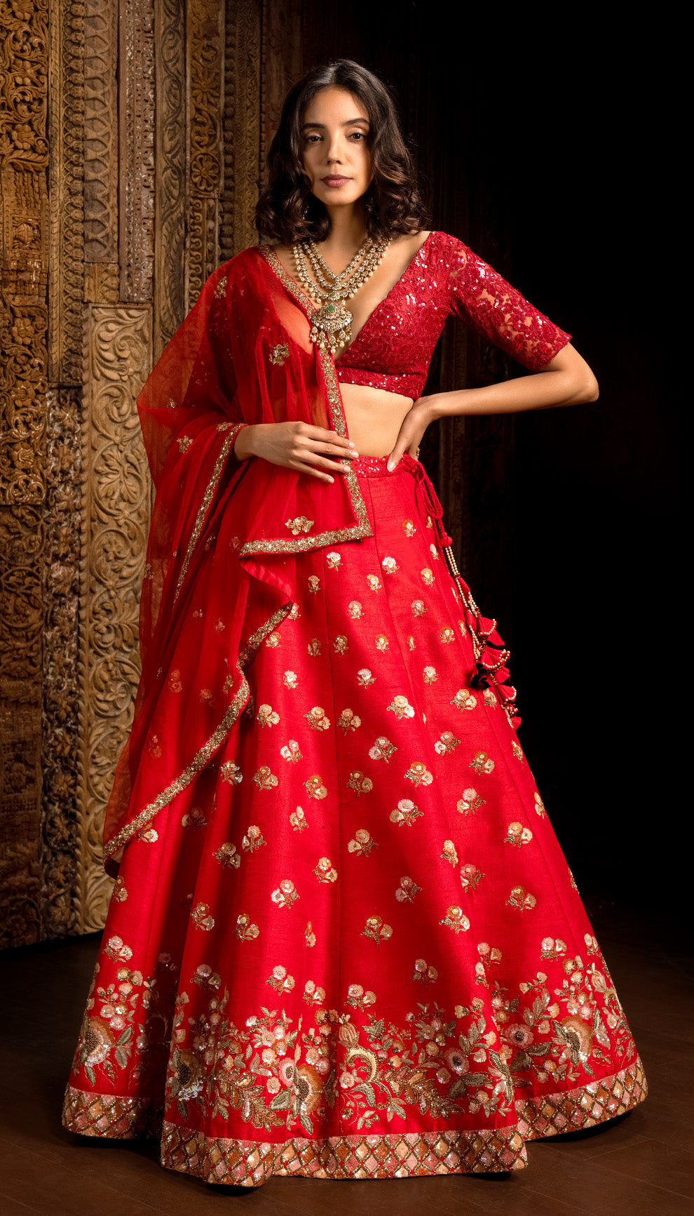 Red Raw Silk Lehenga with Zardozi and Sequins Embroidery