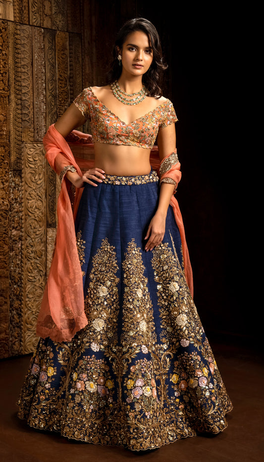 Midnight Blue Panelled Lehenga