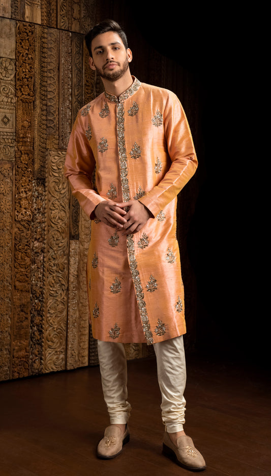 A Peach Raw Silk Kurta Set