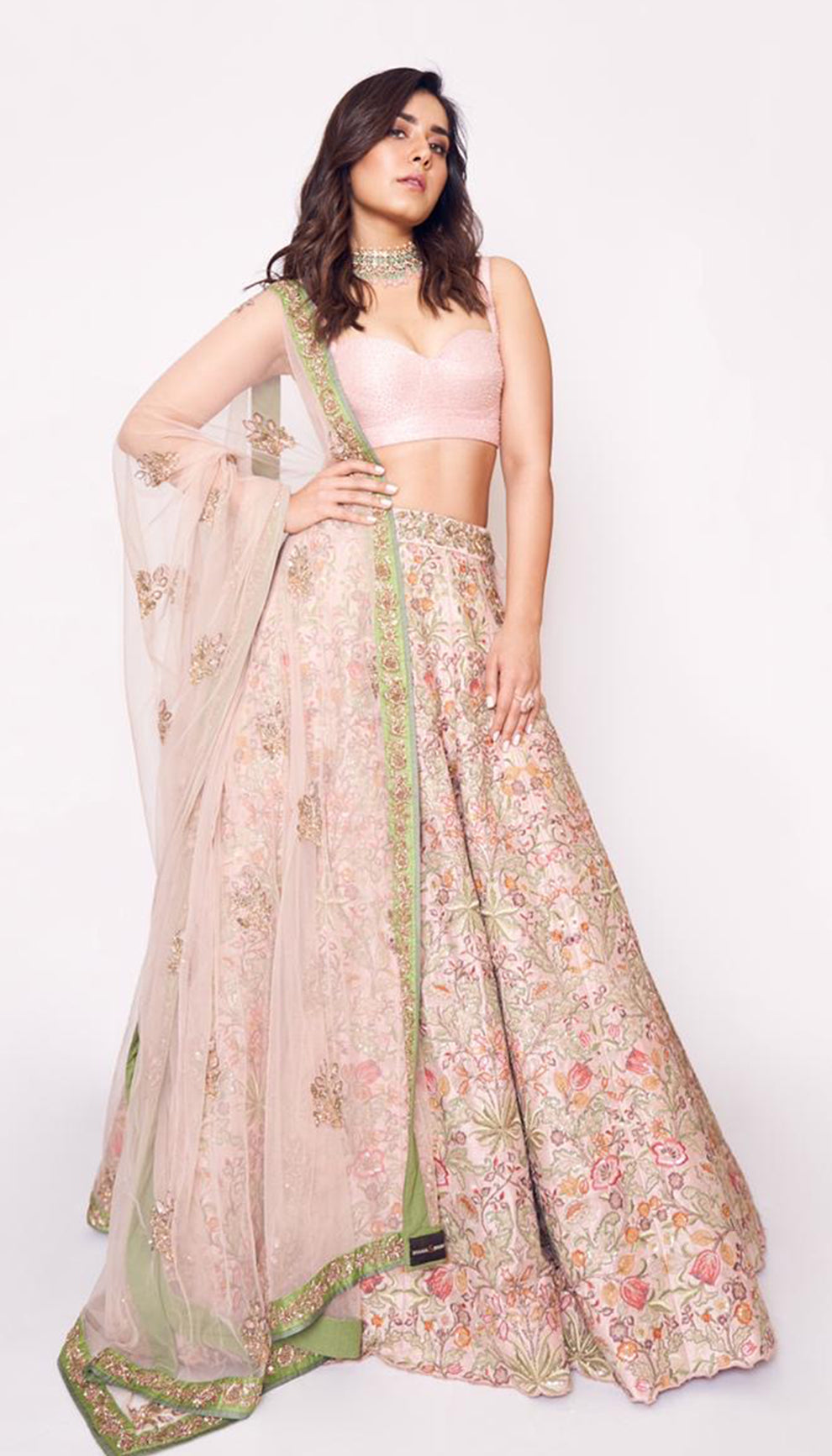 Raashi khanna in shell pink raw silk lehenga by shyamal & bhumika