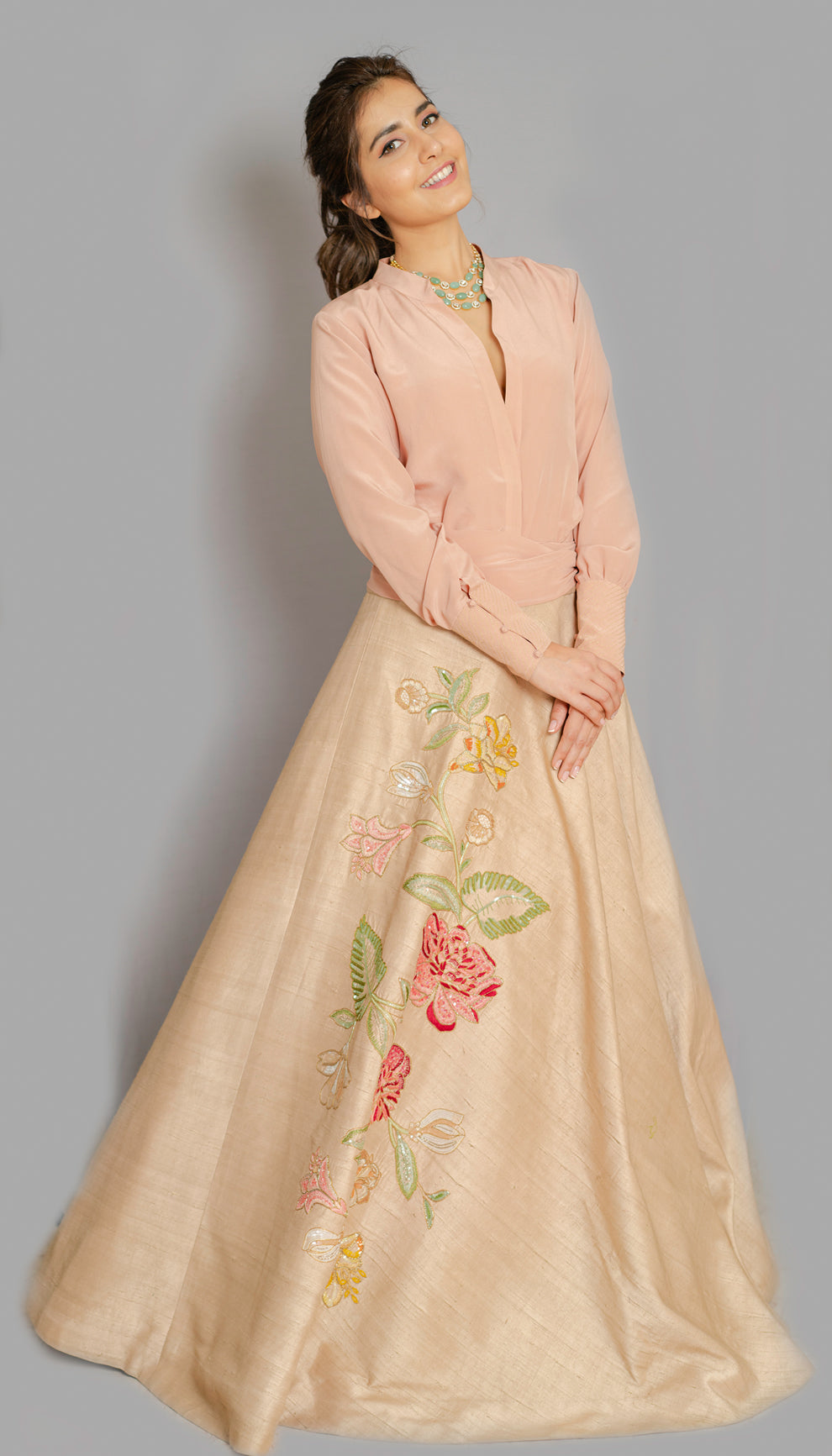Raashi khanna in the shell pink lehenga by shyamal & bhumika