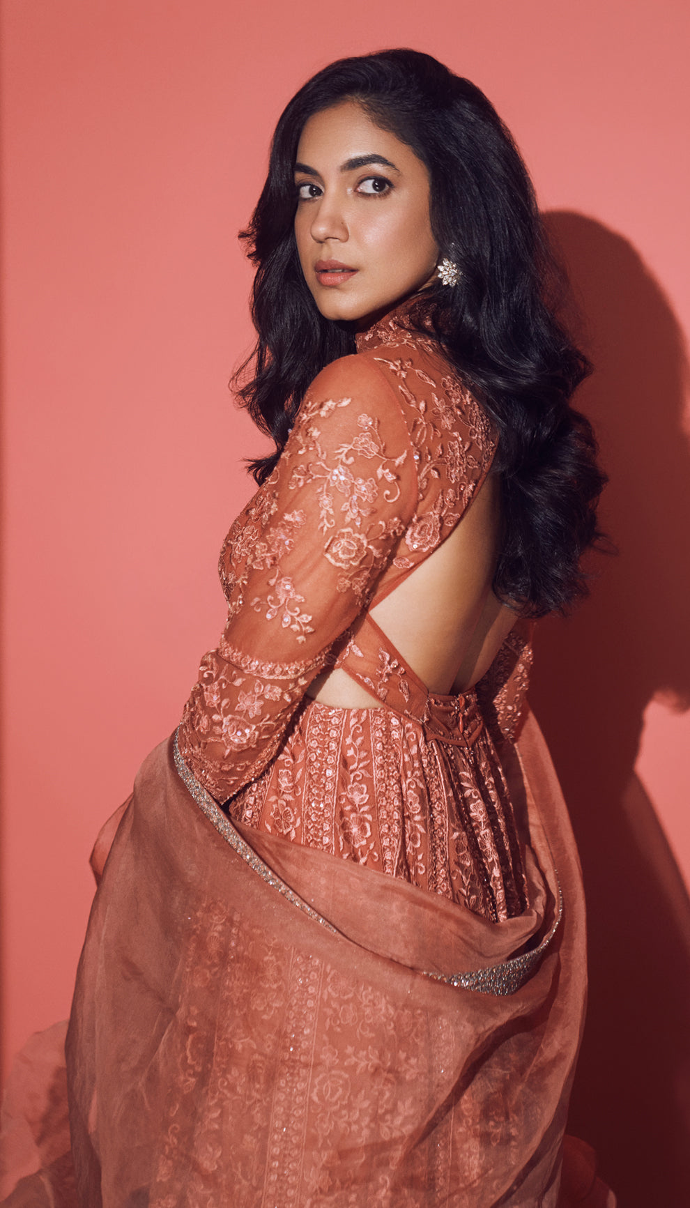 Ritu Verma in the salmon pink kalidar dress by shyamal & bhumika