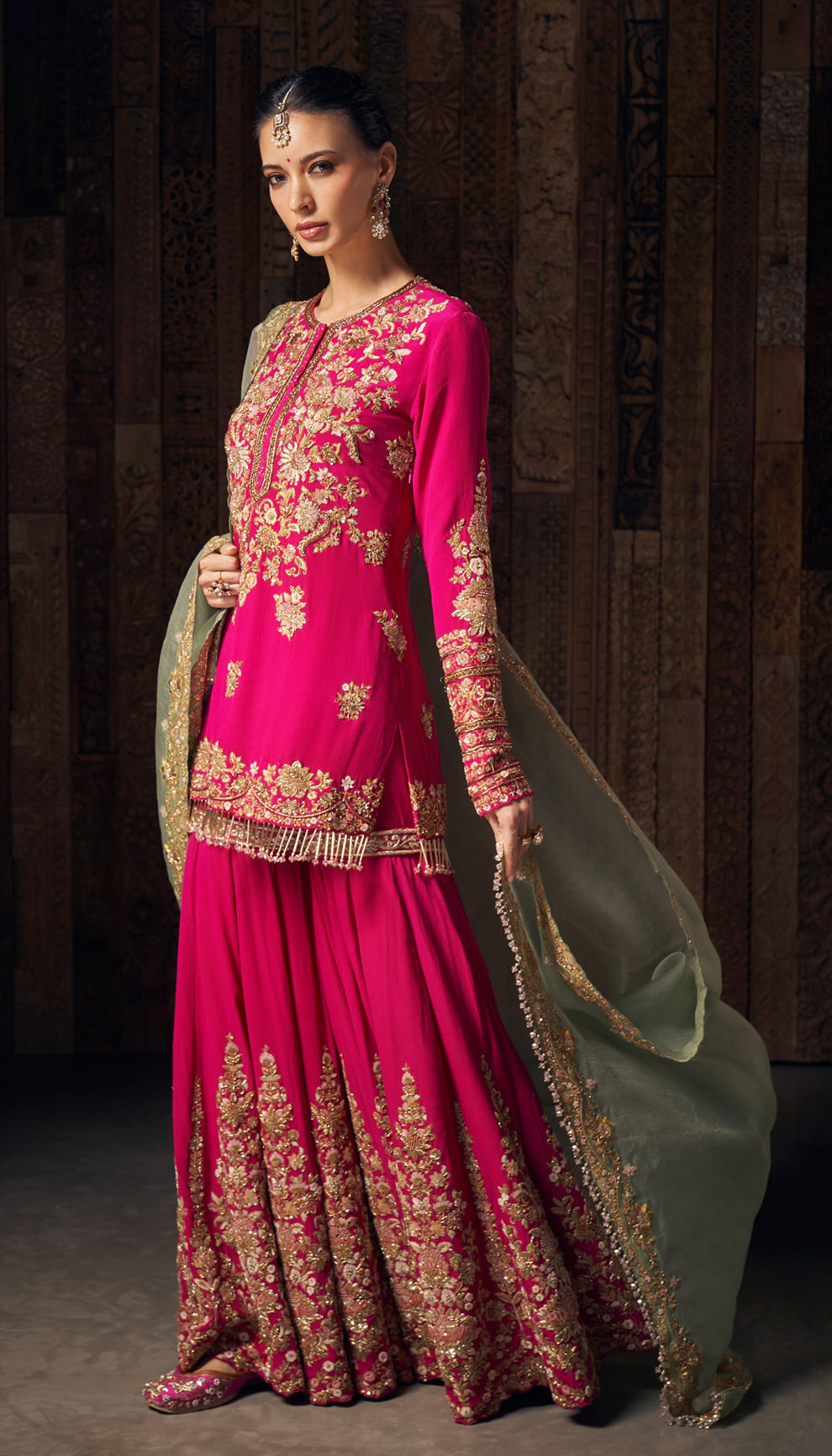 A rani pink crepe silk sharara with intricate peeta embroidery