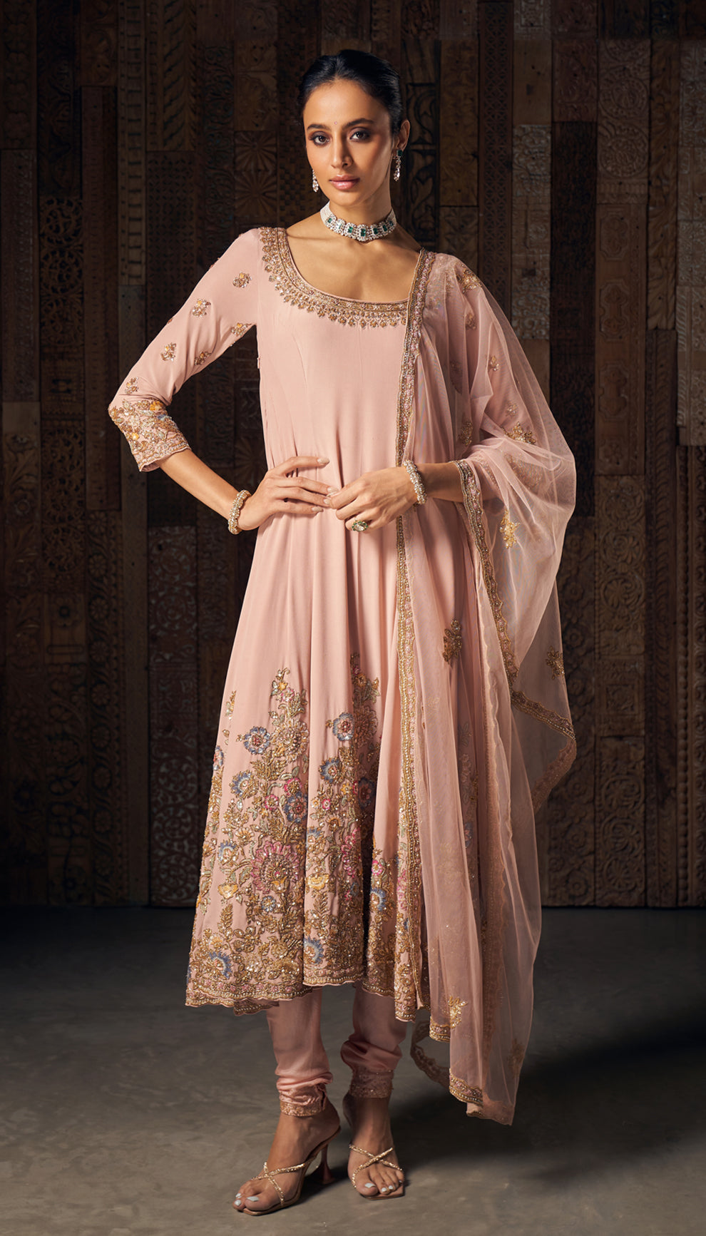 A blush pink crepe silk kalidaar kurta