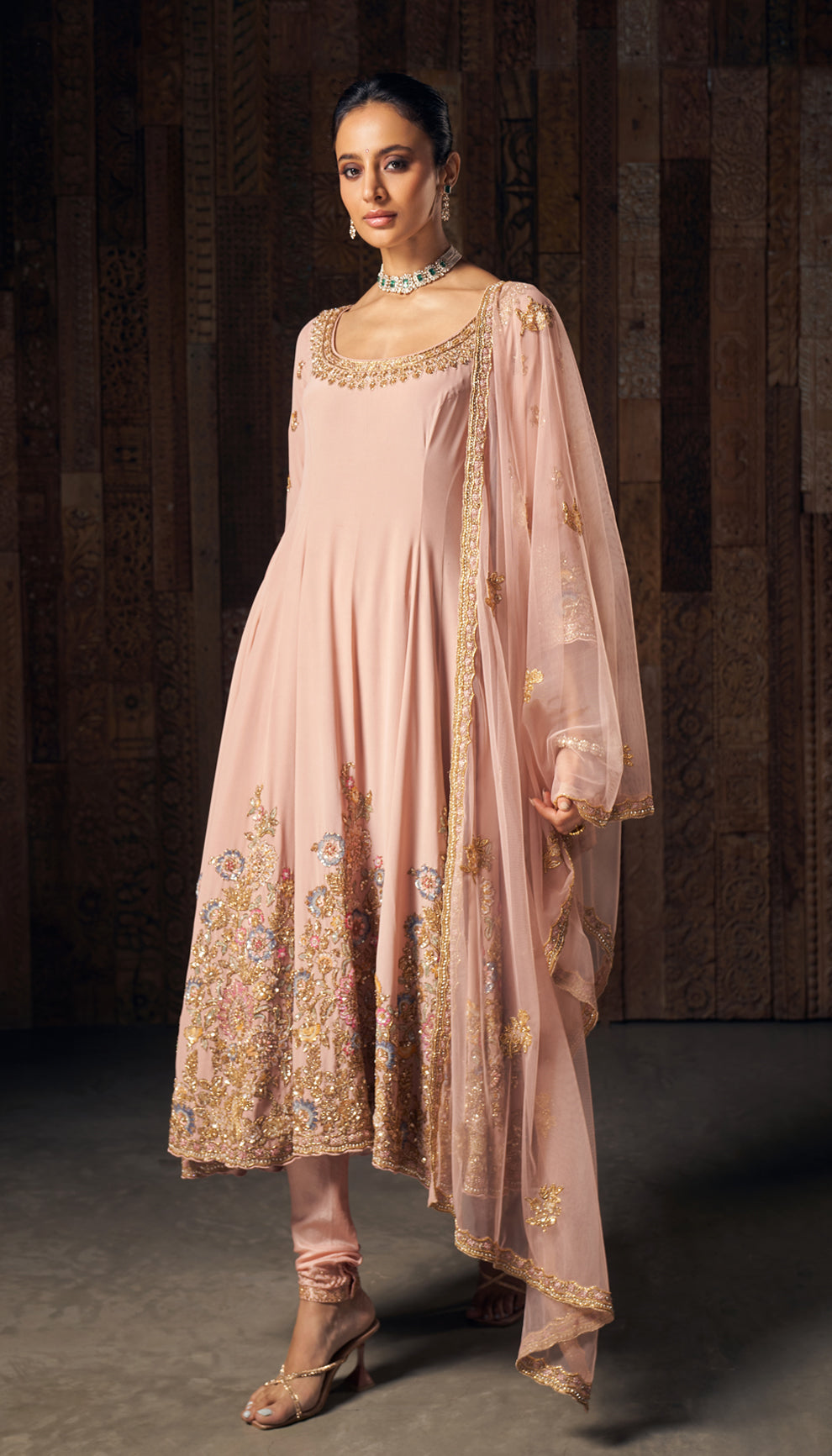 A blush pink crepe silk kalidaar kurta