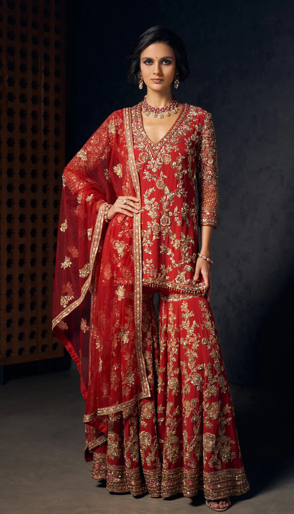 The Gulrukh Red Embroidered Sharara - Shyamal & Bhumika