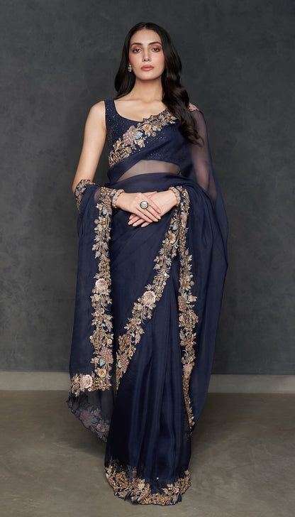 Midnight Blue Les Fleur Saree