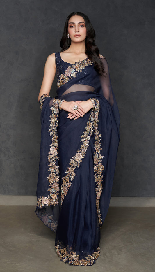 Midnight Blue Les Fleur Saree