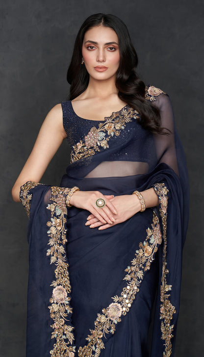 Midnight Blue Les Fleur Saree