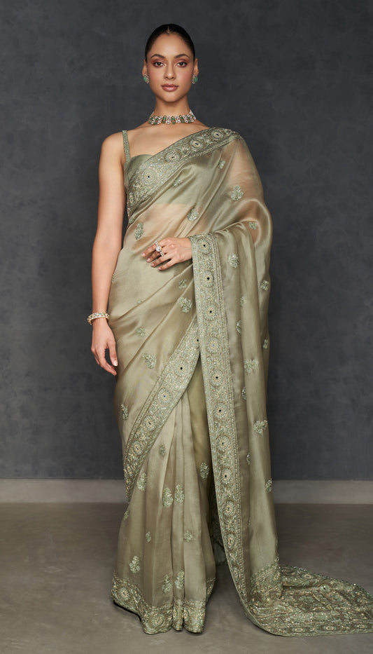 Olive Green Organza Saree
