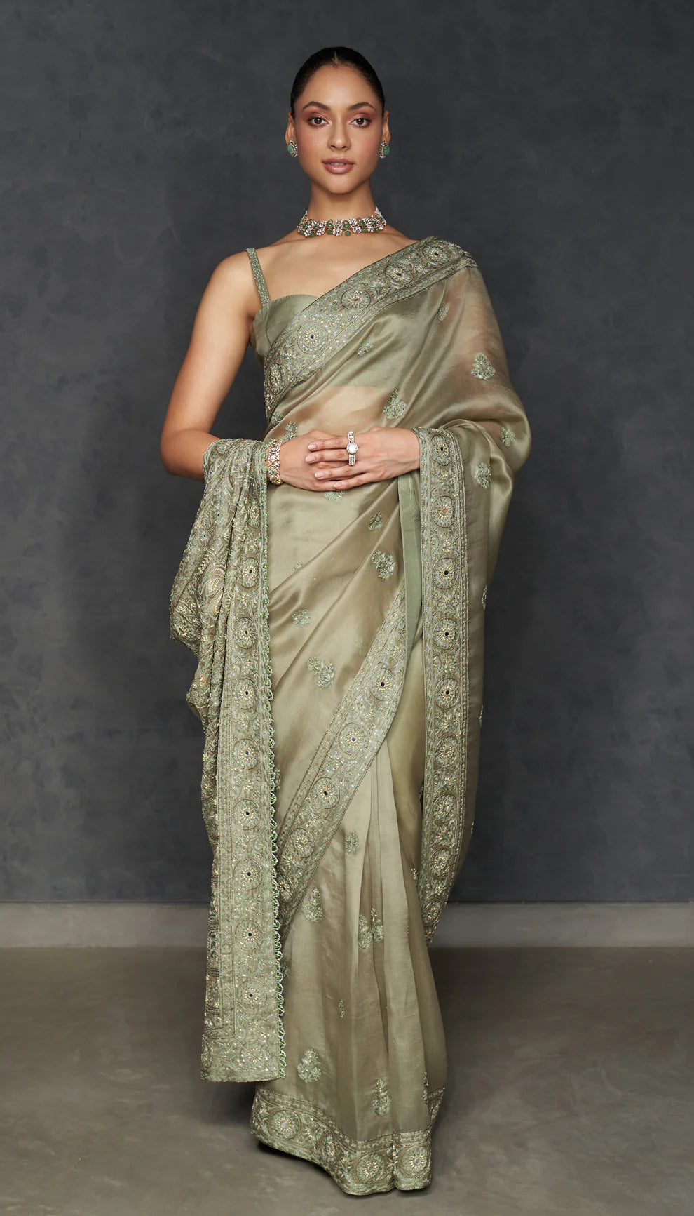 Olive Green Organza Saree