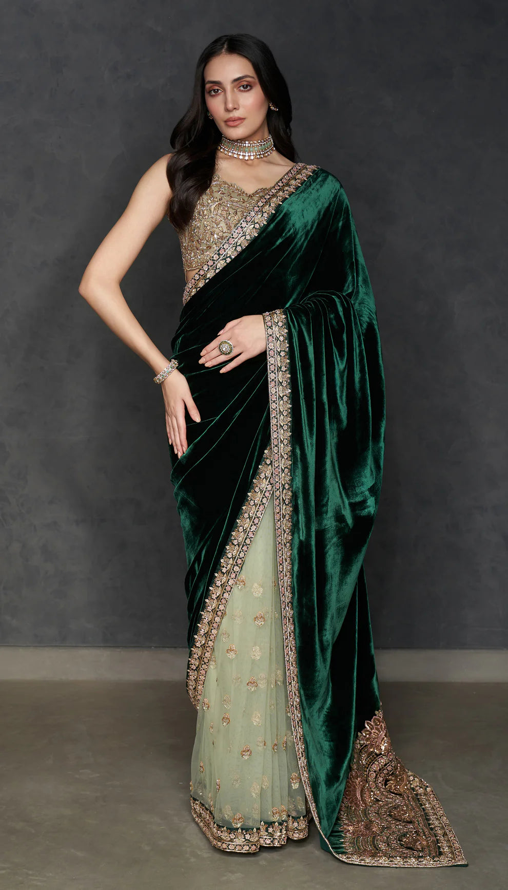 Deep Green Velvet Saree
