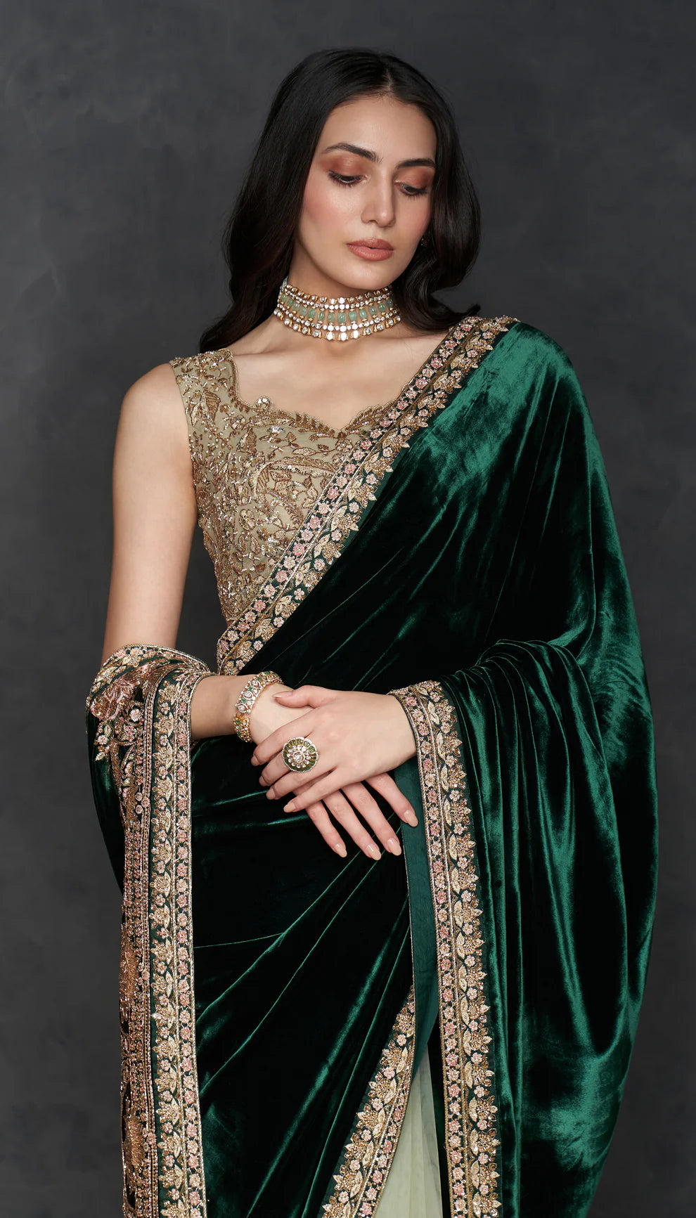 Deep Green Velvet Saree