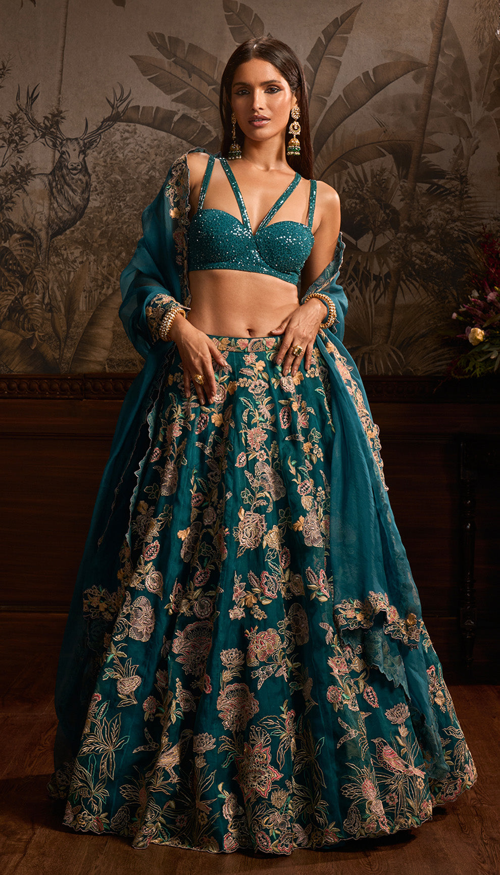 Teal Blue Organza Lehenga