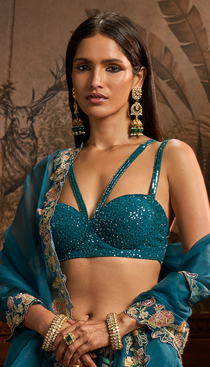 Teal Blue Organza Lehenga