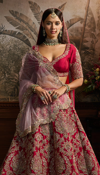 Crimson Red Raw Silk Lehenga