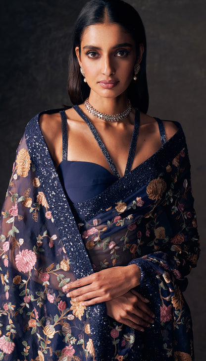 Midnight Blue Carnation Saree