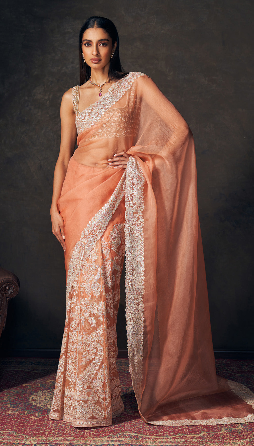 Peach  Floating Paisley Kalidar Saree