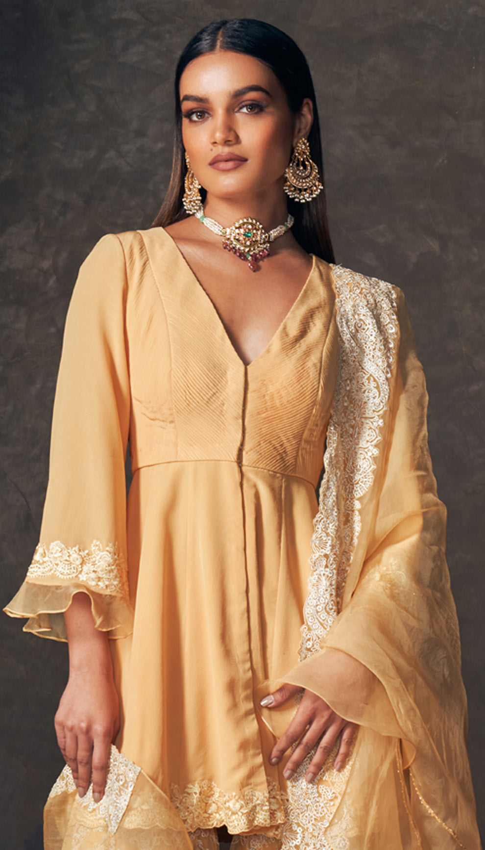 Soft Yellow Floating Paisley Sharara Set