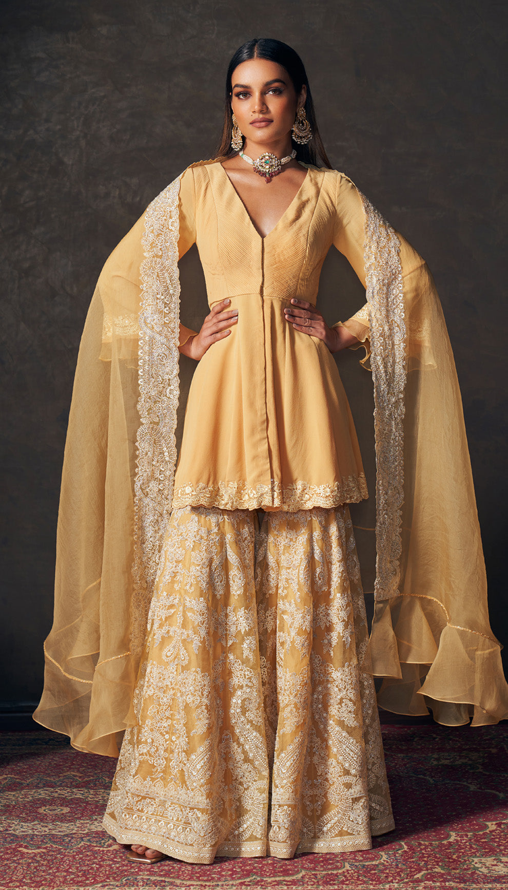 Soft Yellow Floating Paisley Sharara Set