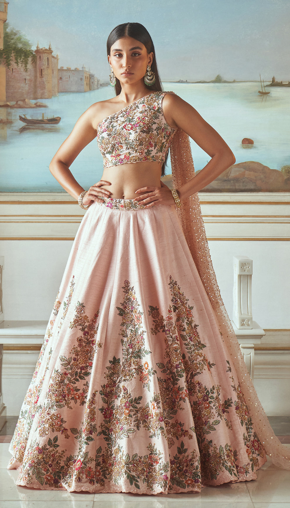 One Shoulder Pink Blouse Lehenga