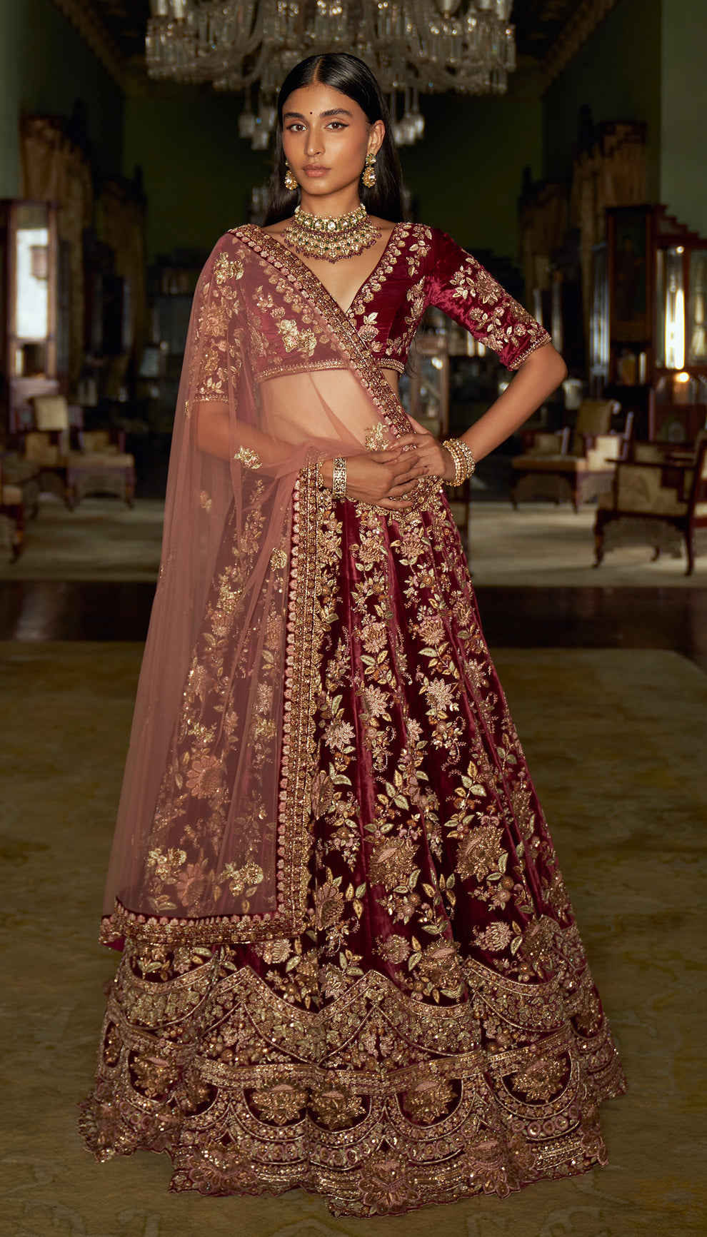 Wine Velvet Lotus Lehenga