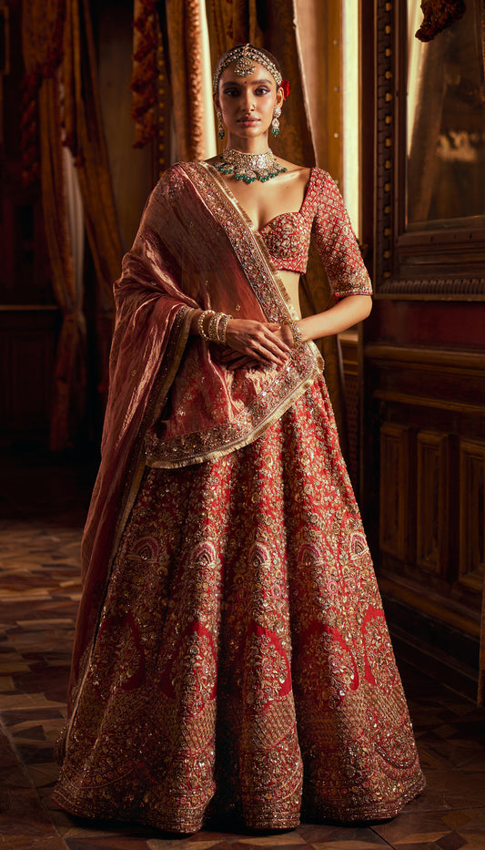 Red Raw Silk Boquet Lehenga