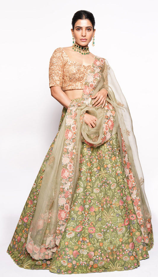 Samantha Ruth Prabhu in Vintage Green Raw Silk Lehenga Inspired by Mogul Florals