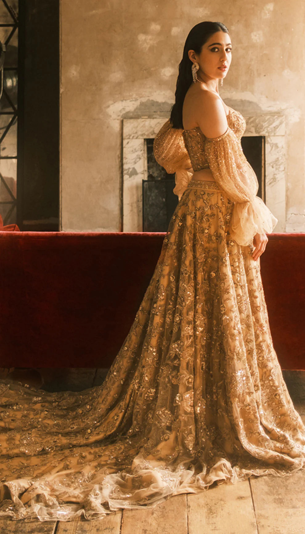 Sara Ali Khan in The Champagne Gold Embellished Tulle Trail Lehenga by - Shyamal & Bhumika Sara Ali Khan in The Champagne Gold Embellished Tulle Trail Lehenga by - Shyamal & Bhumika