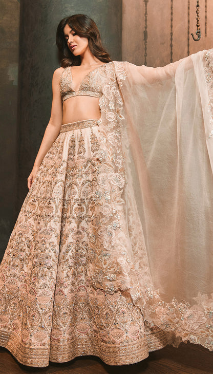 Shanaya Kapoor in Blush Pink Raw Silk Lehenga with Intricate Lotus Embroidery