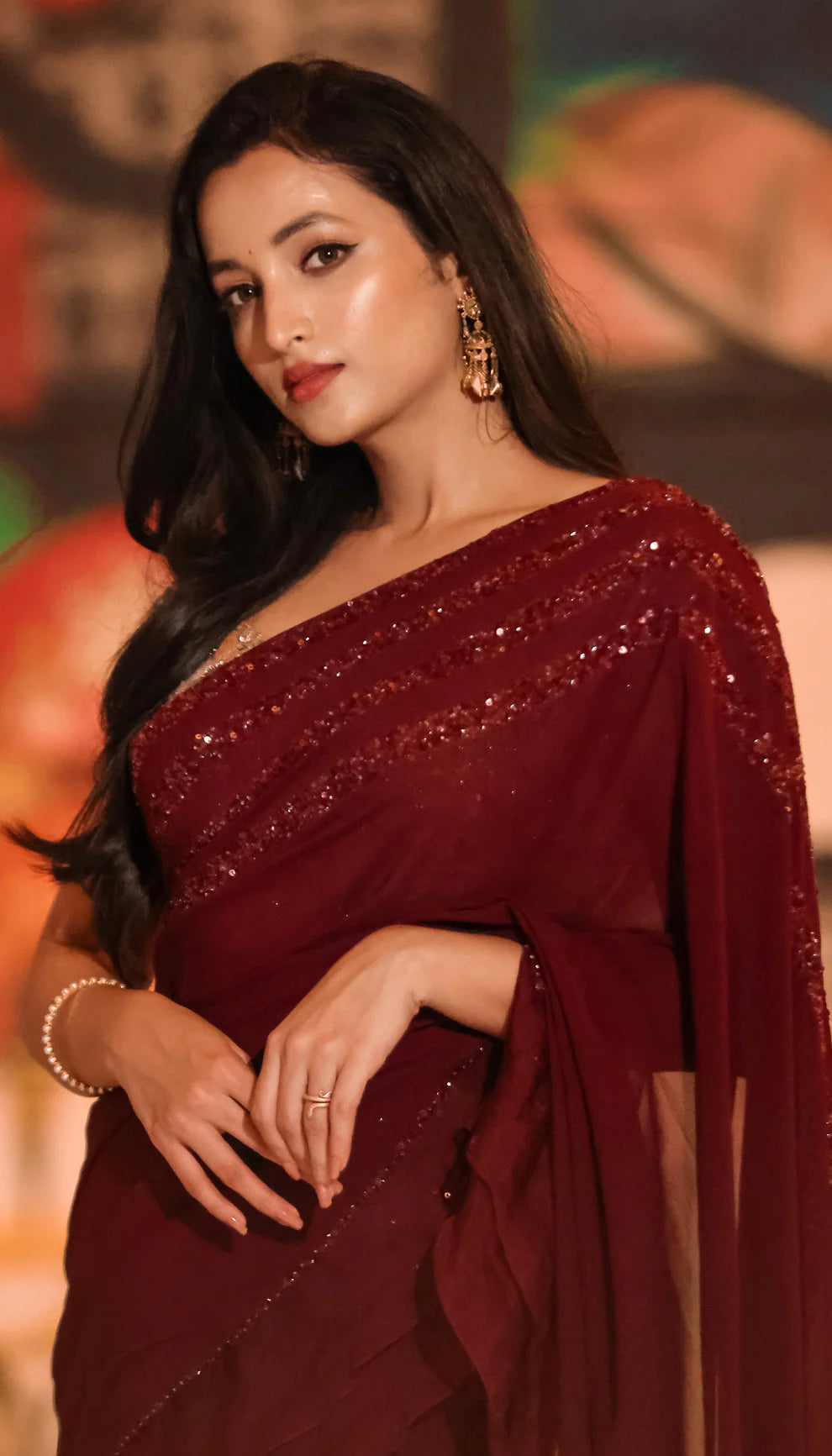 Srinidhi Shetty in Aubergine Georgette Ruffle Saree - Shyamal & Bhumika