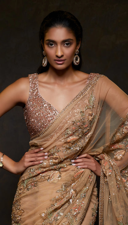 Champagne Beige Tulle Saree