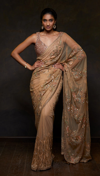 Champagne Beige Tulle Saree