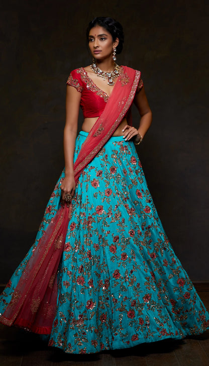 Vintage Turquoise Raw Silk Lehenga