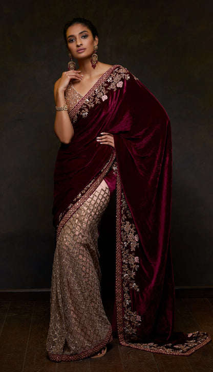 Rich Wine Velvet Saree