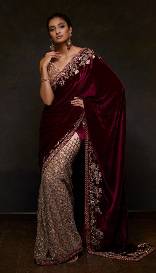 Rich Wine Velvet Saree