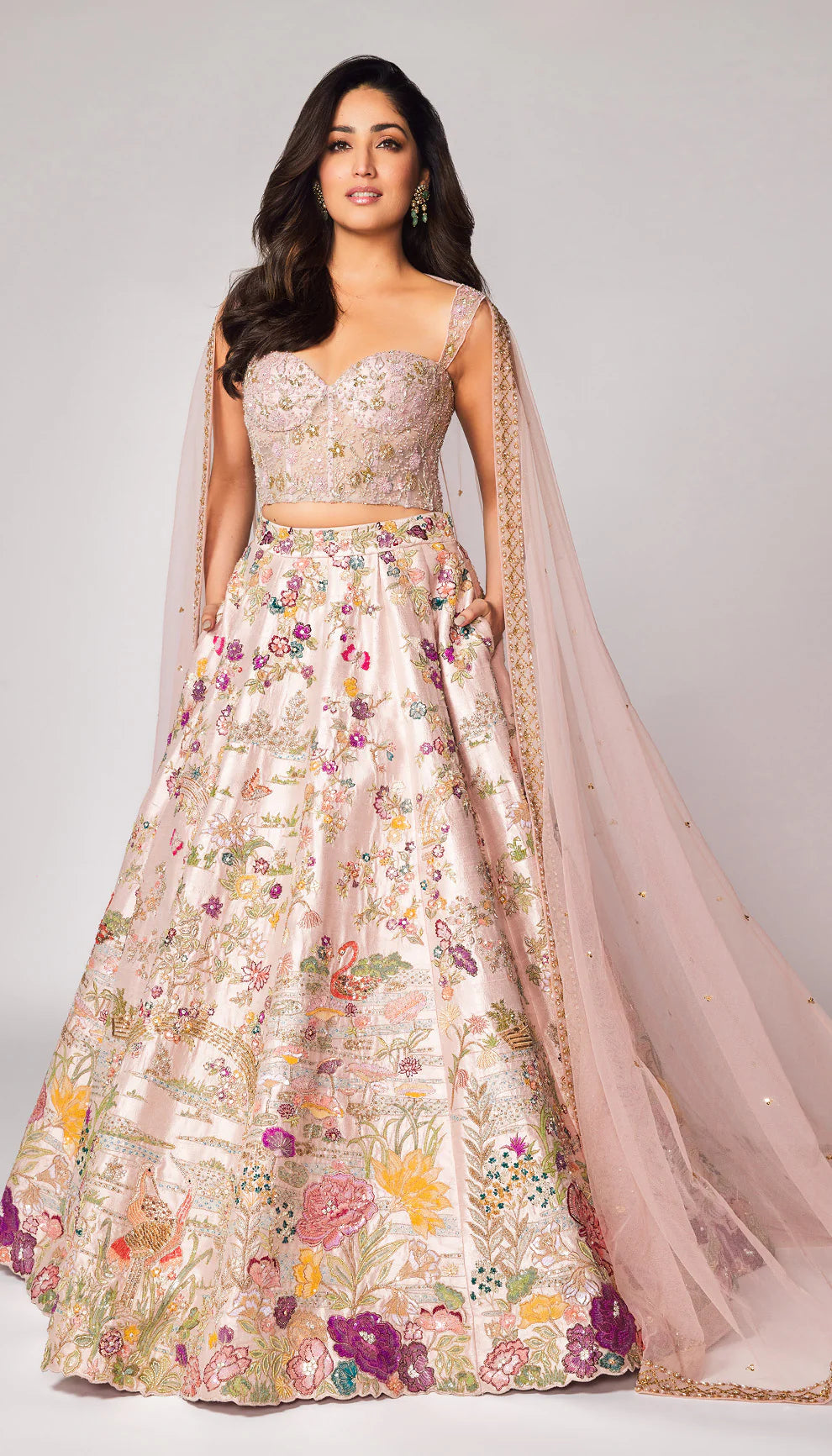 Yami Gautam Wearing Shyamal and Bhumika Frost Pink Raw Silk Paradise Lehenga