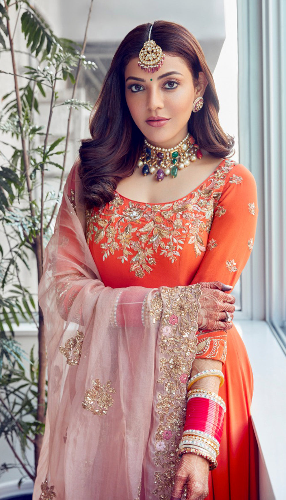 kajal aggrawal in a coral crepe silk kurta set by shyamal & bhumika