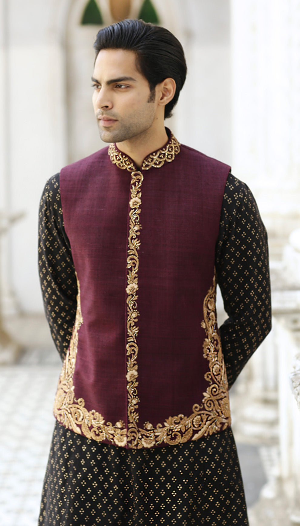 Man wearing The Deep Wine Matka Silk Bandi by Shyamal & Bhumika.