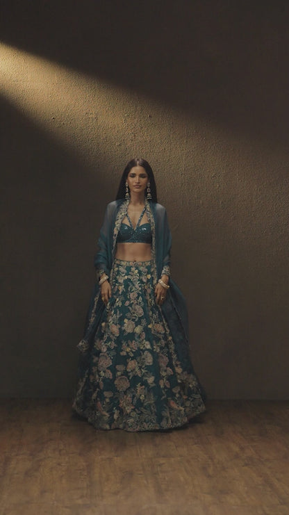 Teal Blue Organza Lehenga