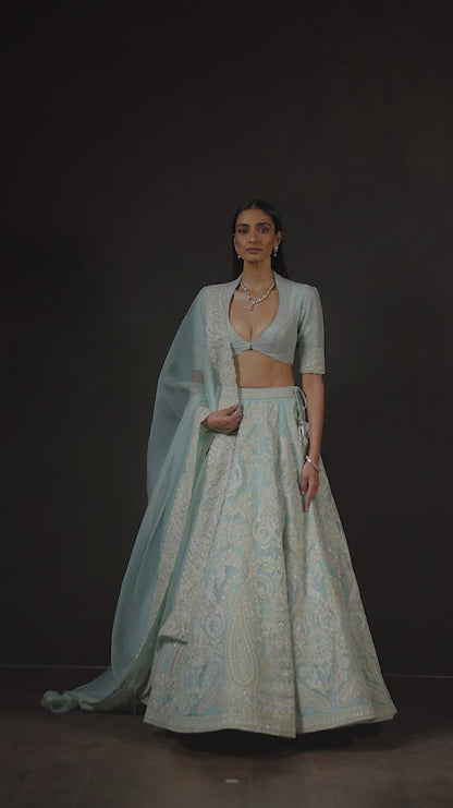 Soft Blue Floating Paisley Lehenga