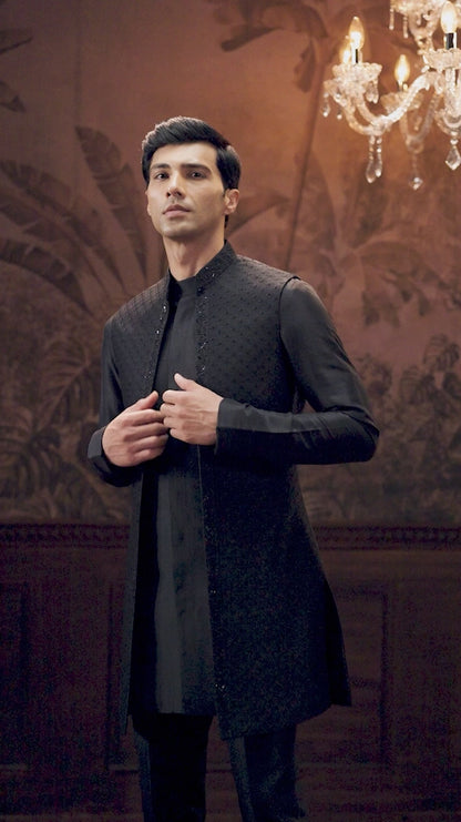 Black Raw Silk Open Jacket