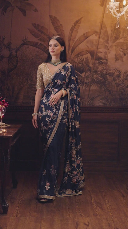 Midnight Blue Crepe Silk Saree