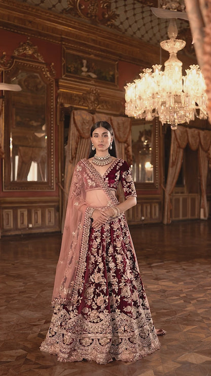 Wine Velvet Lotus Lehenga