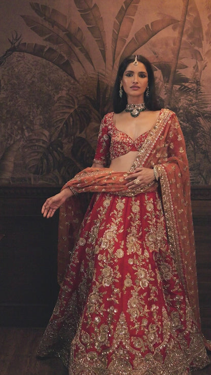 Vintage Red Raw Silk Lehenga